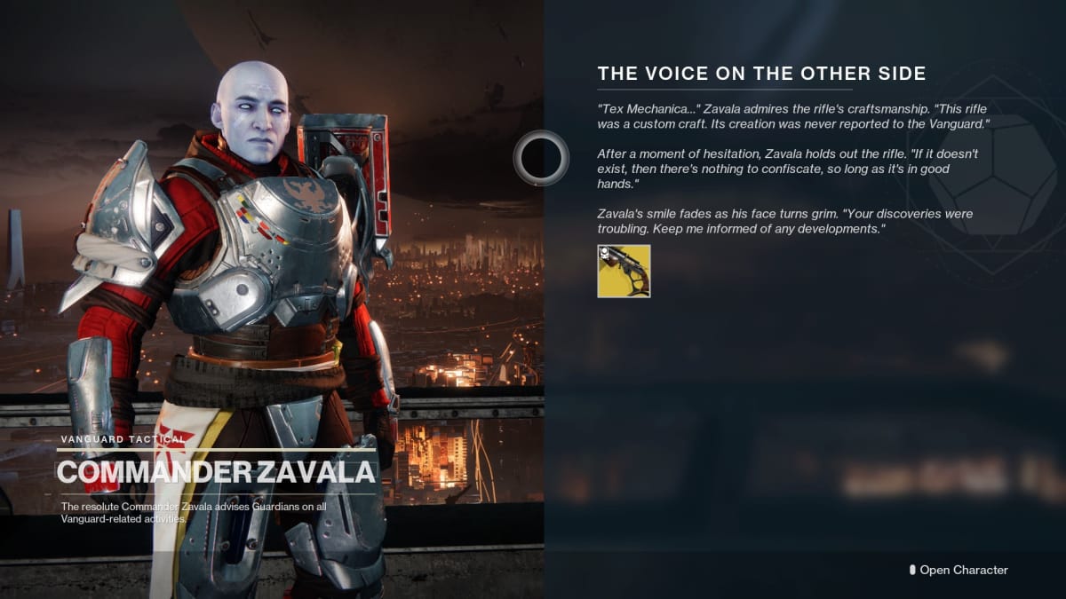 Commander Zavala speaking to the player while handing them a rifle
