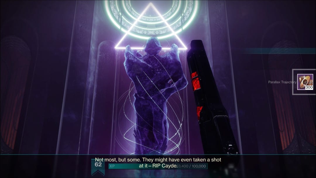 A floating purple crystal talking about the death of Cayde-6