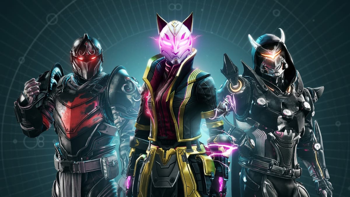 Destiny 2 Leaks Fortnite Crossover Image, with three characters standing side by side, which have been stated to be a Titan, Warlock and Hunter from Destiny 2's game. 