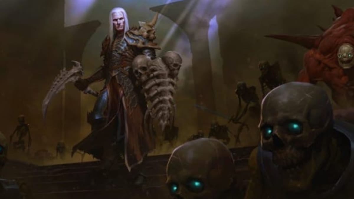 Diablo 3 artwork showing a man with a staff standing near a lot of reanimated skeletons. 