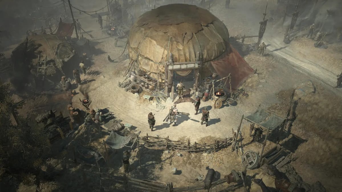 Several characters standing around a tent in the Dry Steppes in Diablo 4 by Activision Blizzard