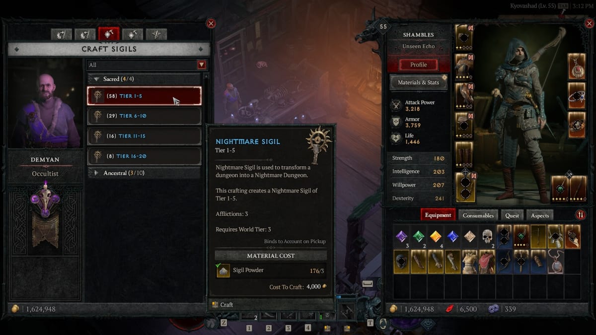 Selecting the option to craft a Tier 1-5 Nightmare Sigil in Diablo IV.