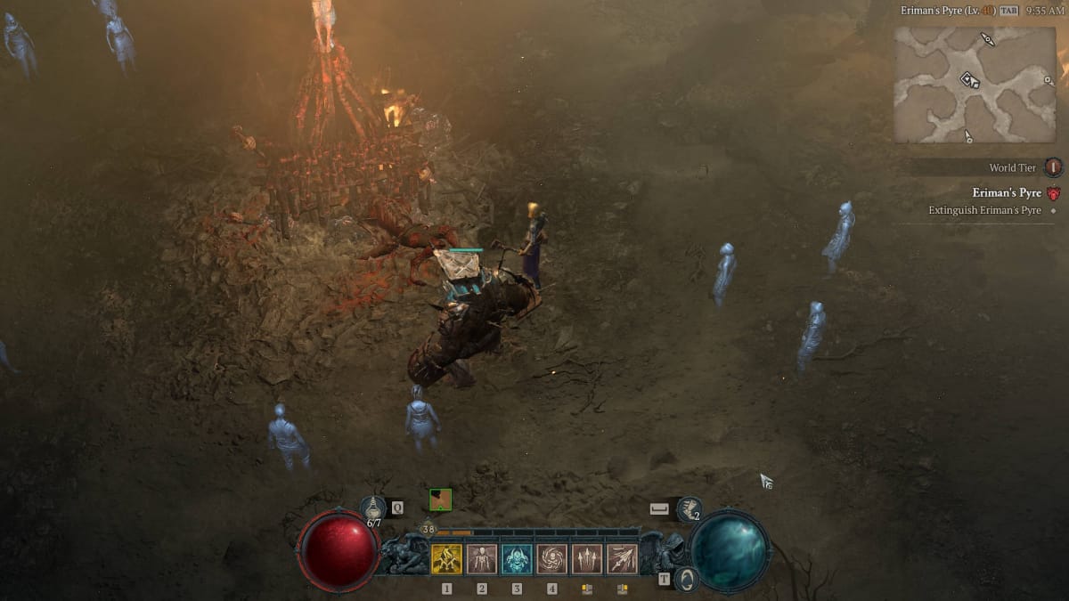 Diablo IV Strongholds Guide - Kehjistan Standing Next to Eriman's Pyre with a Necromancer and Iron Golem Surrounded by Ghosts