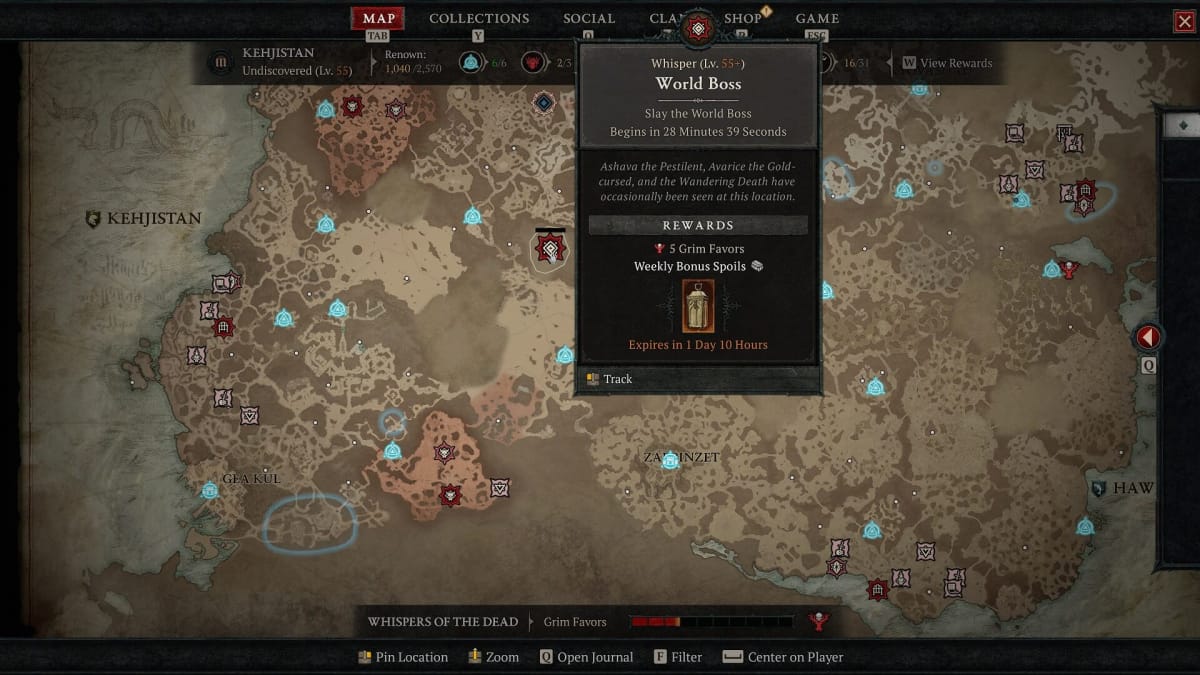 Diablo IV map screen, highlighting the marker for the Ashava the Pestilent World Boss.