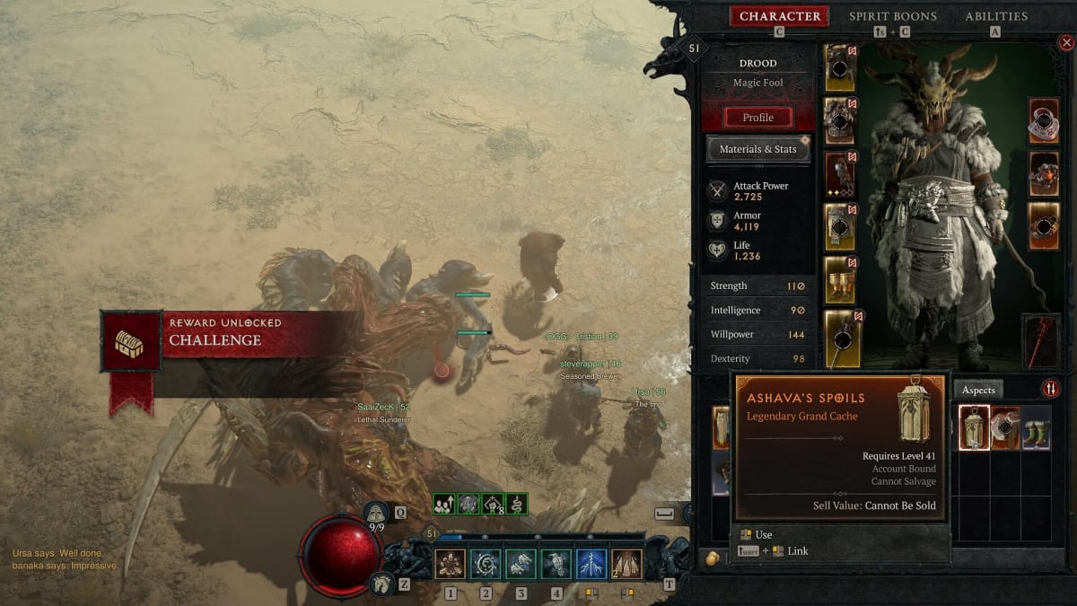 The inventory screen in Diablo IV, highlighting the Ashava's Spoils item.