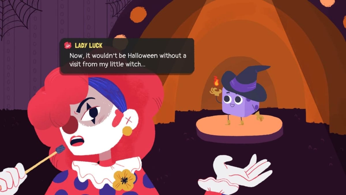 Lady Luck from Dicey Dungeons dressed as a clown.