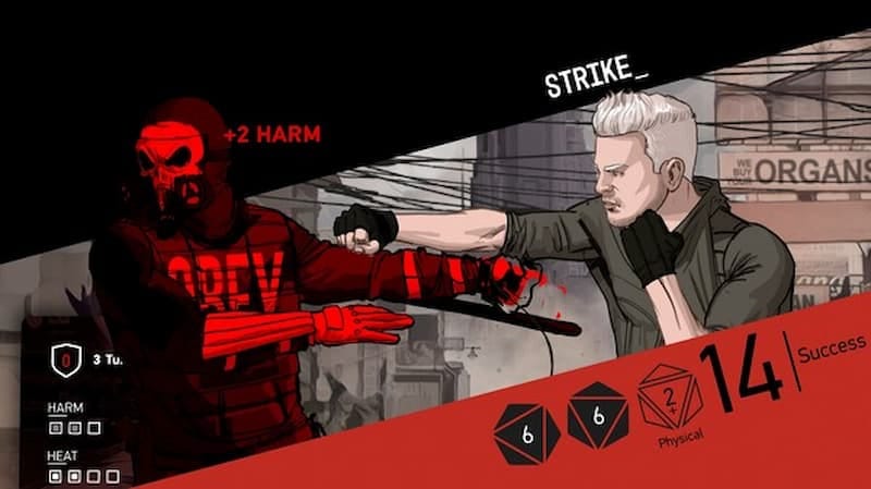 Dimday Red gameplay image of Cillian making choices, where he rolls the dice and chooses to harm another civilian character, adding +2 harm to his traits