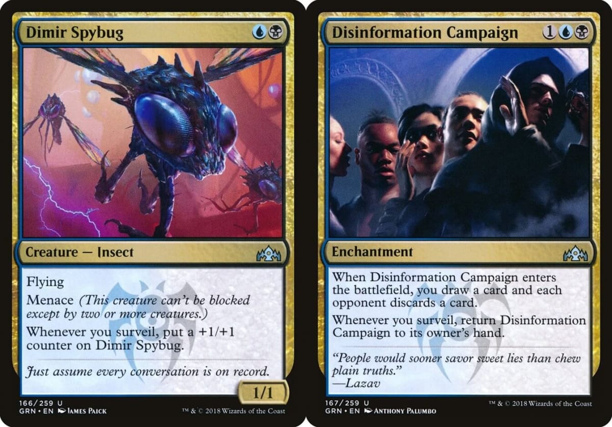 Pictures of the cards Dimir Spybug and Disinformation Campaign