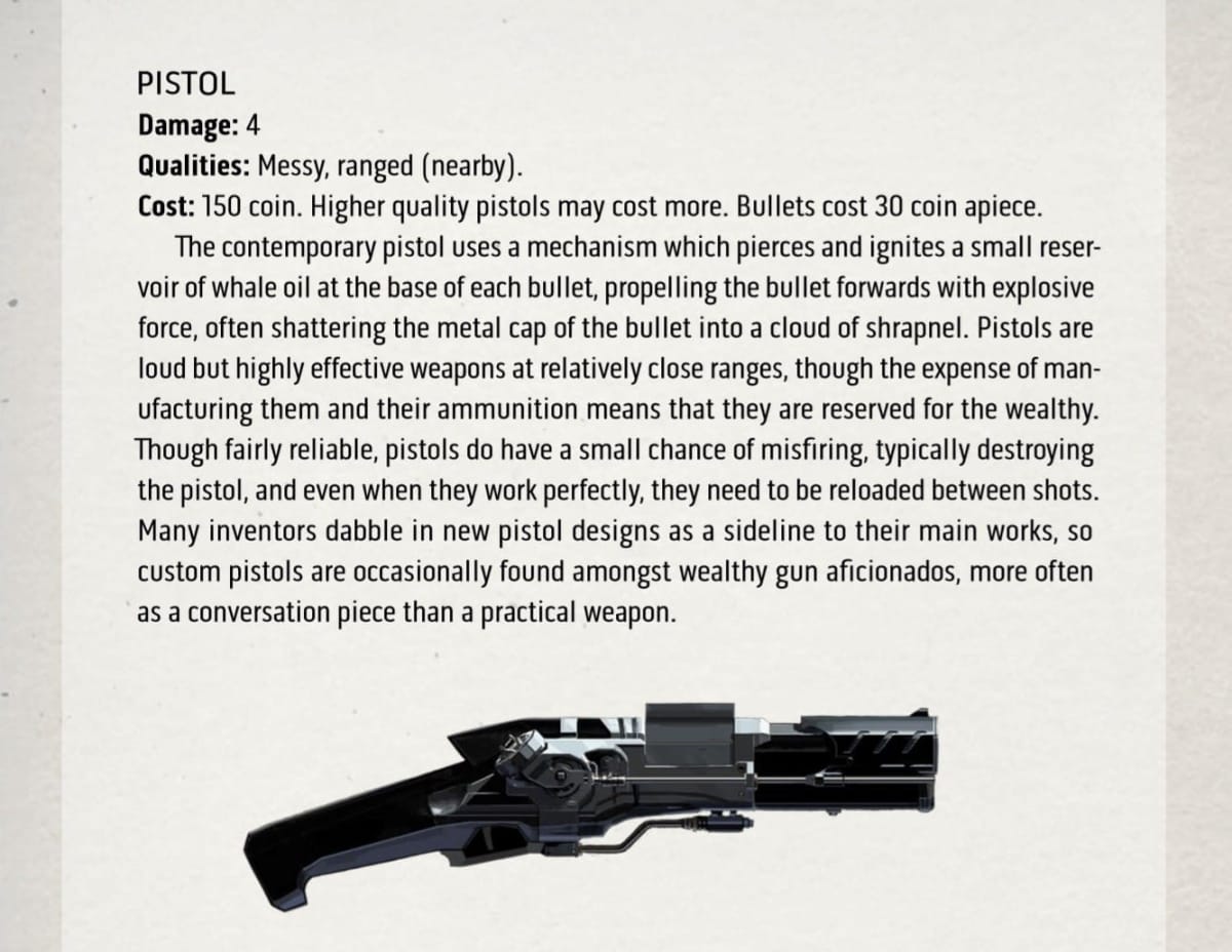 A screenshot of the Pistol's description in Dishonored The RPG