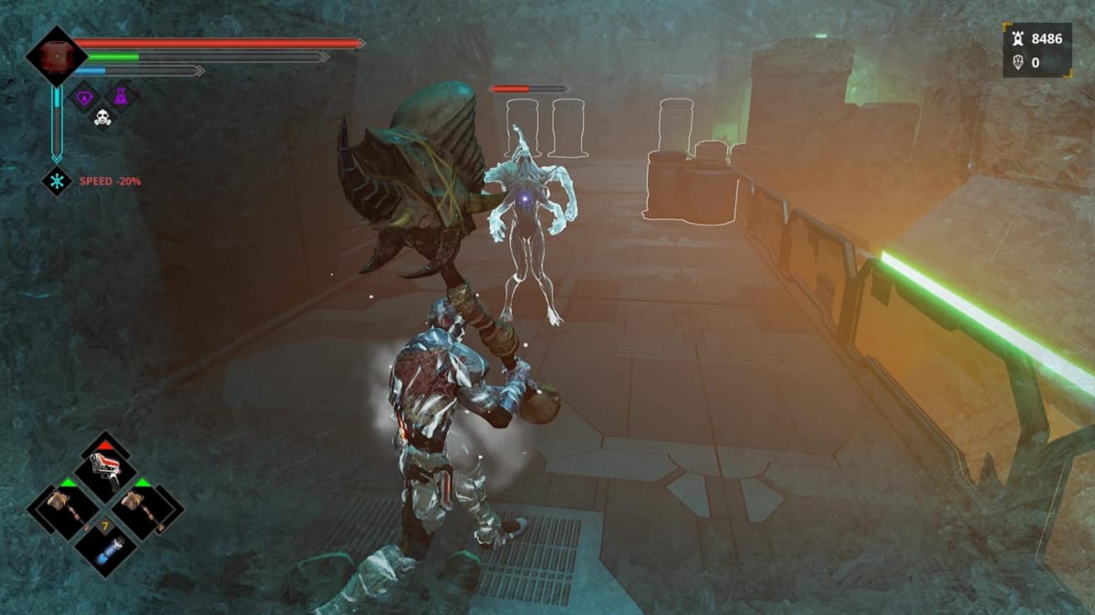 The player facing off against an enemy in Dolmen