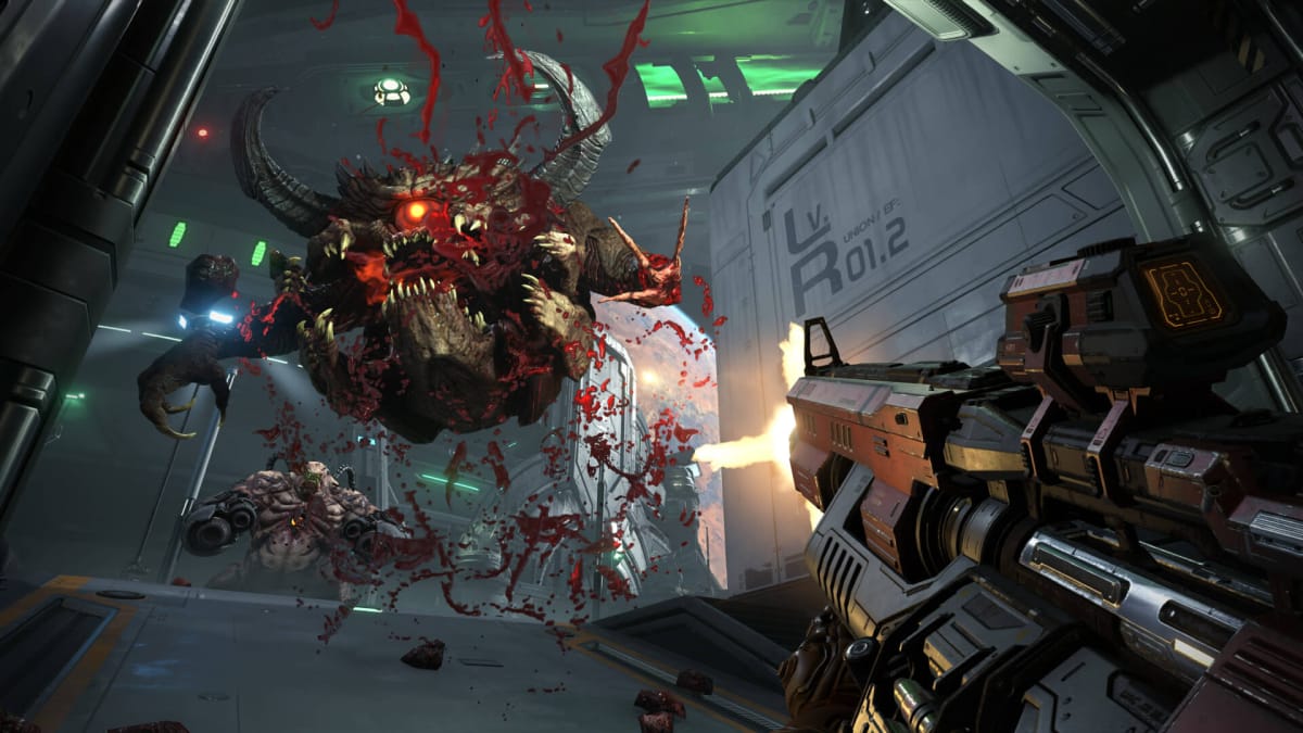 The player blasting a Pain Elemental with the Heavy Cannon weapon in Doom Eternal