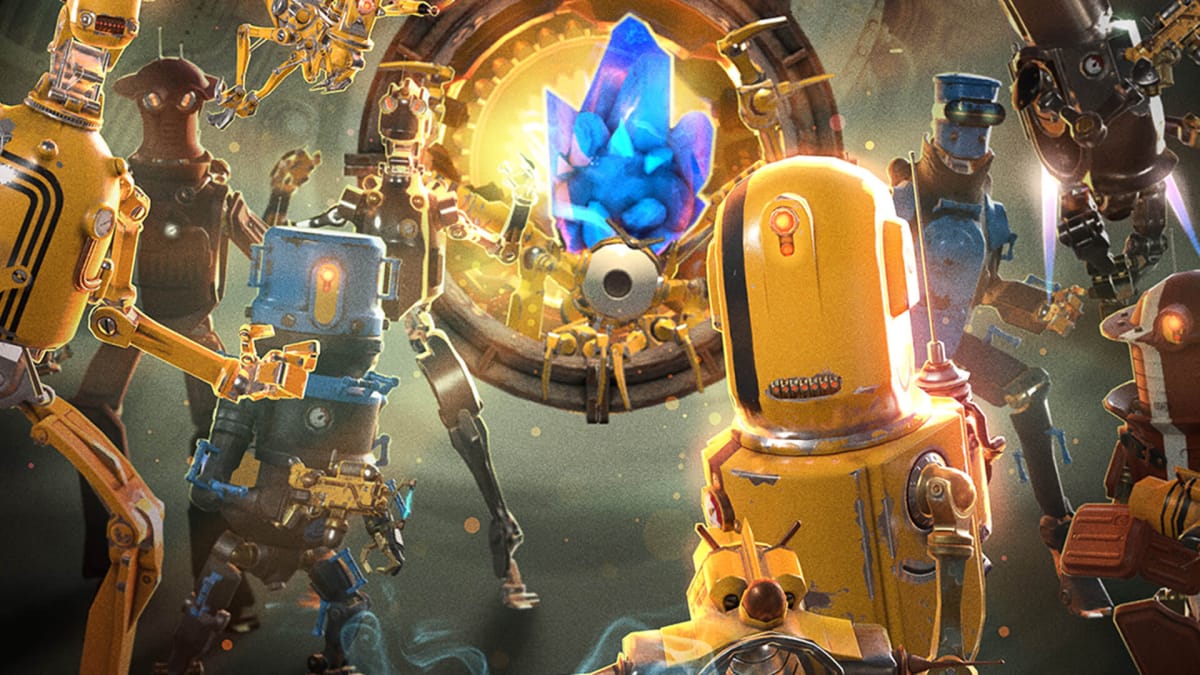 A banner showing some of the quirky robot characters in Dr Grordbort's Invaders, a game created by Weta Workshop and Magic Leap