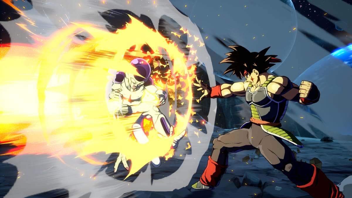 Dragon Ball FighterZ screenshot showing a black-haired character firing a huge lazer at a strange alien being. 