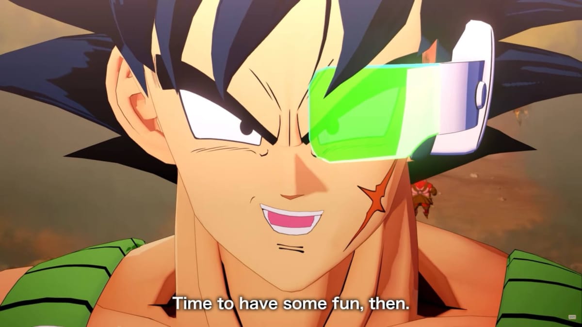A close-up on Bardock's face as he says "time to have some fun, then" in the new Dragon Ball Z: Kakarot Bardock expansion