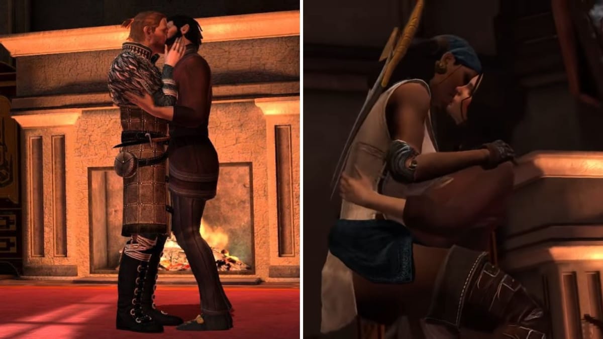 Dragon Age 2. Left: Hawke and Anders kiss. Right: Hawke and Isabela kiss.