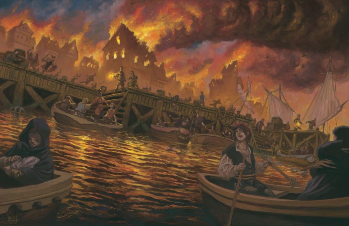 A town on fire from the first chapter of Shadow of the Dragon Queen in D&D Dragonlance