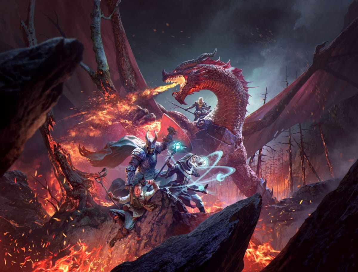 An image of a Red Dragon and three playable characters fighting for their lives