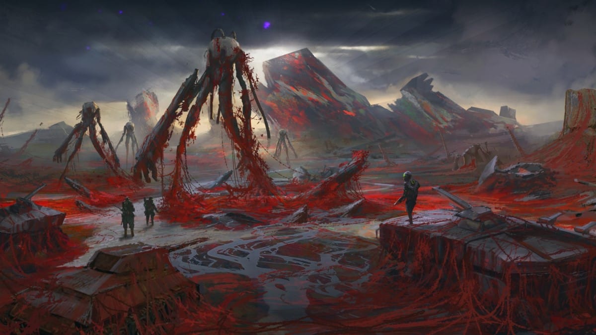 Artwork from Dreams and Machines, featuring ruins of a battlefield, with mechs and tanks covered in red weblike material