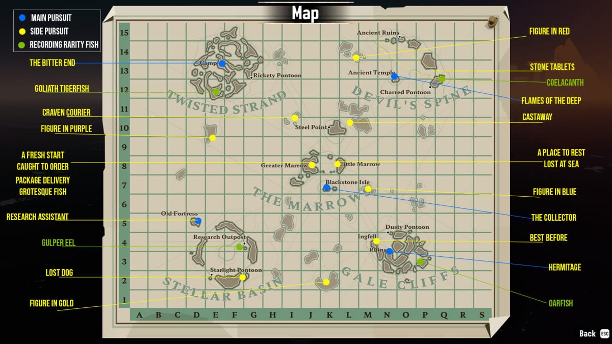 Image of the full dredge map marked up with pursuit locations