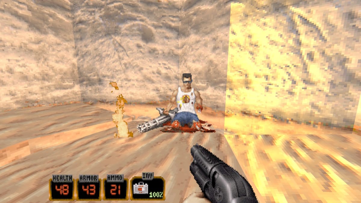 Duke discovering the body of Serious Sam, shot up near a pyramid