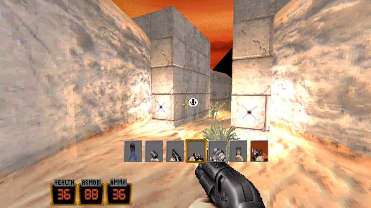 Duke in a Desert Area, his weapon select screen visible