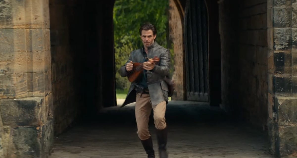 Chris Pine playing a lute in the Dungeons and Dragons Movie