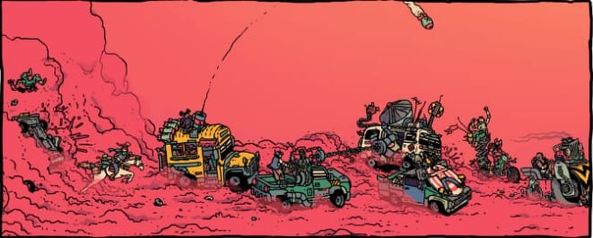 Artwork from Dustbiters showing a line of cars racing a dust storm