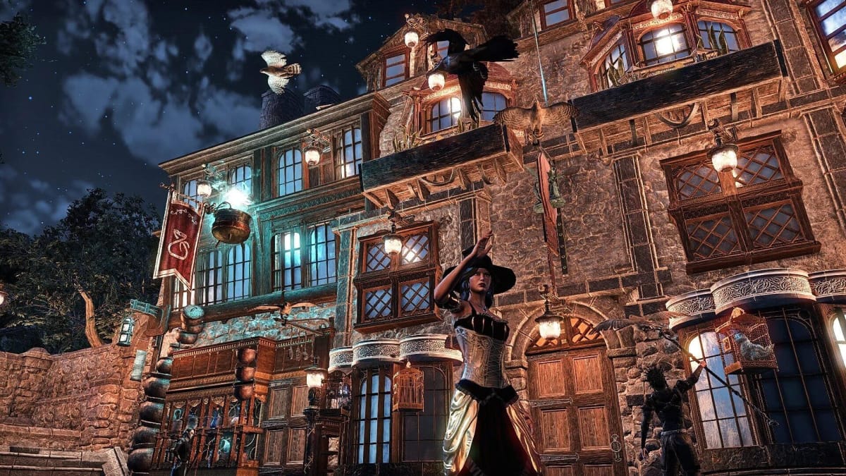 A night shot of Diagon Alley in Elder Scrolls Online.