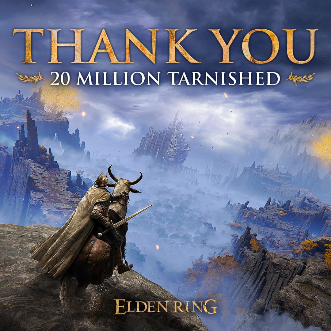 An image of the Tarnished atop Torrent, looking out over the Lands Between, to commemorate 20 million Elden Ring sales