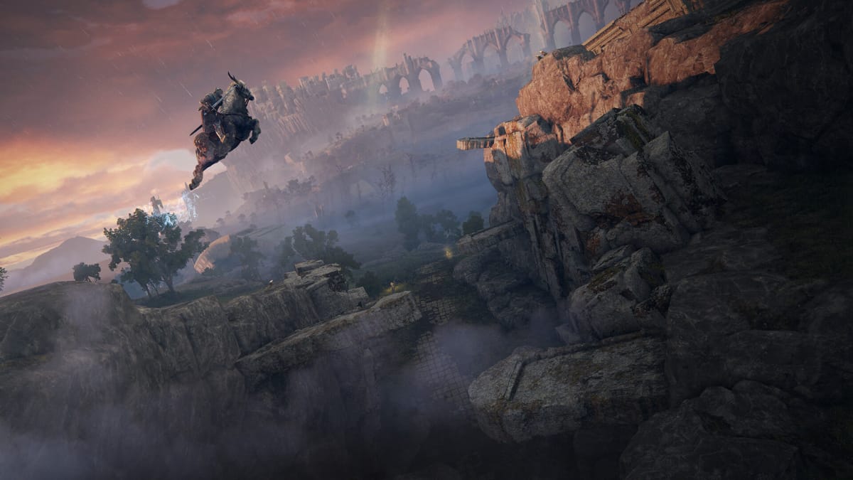 The player leaping through the Lands Between in Elden Ring