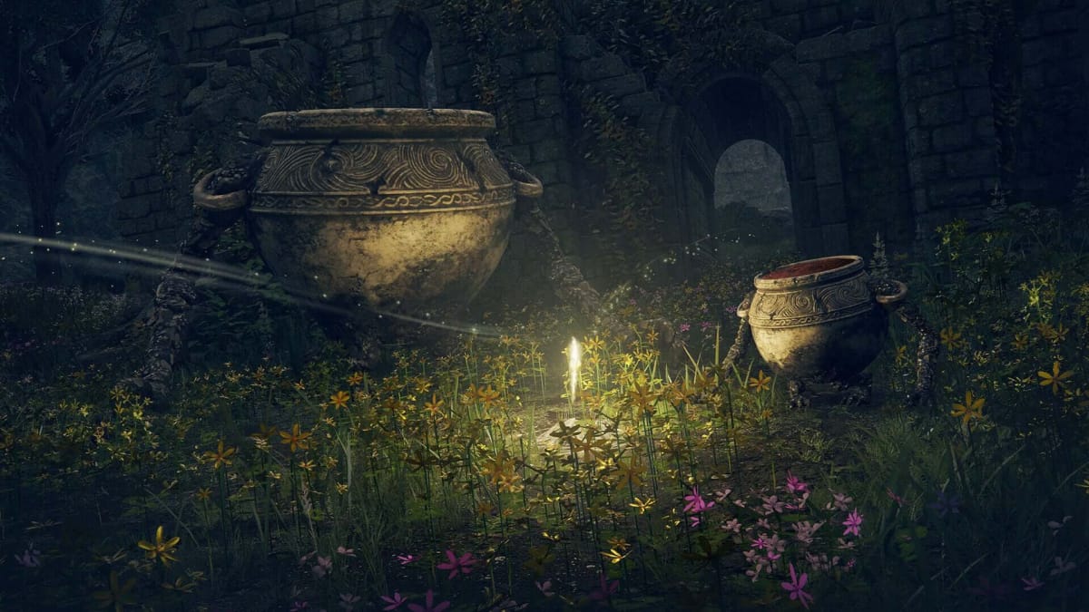Two jars sitting around a Site of Grace in Elden Ring, probably talking about Elden Ring update 1.07