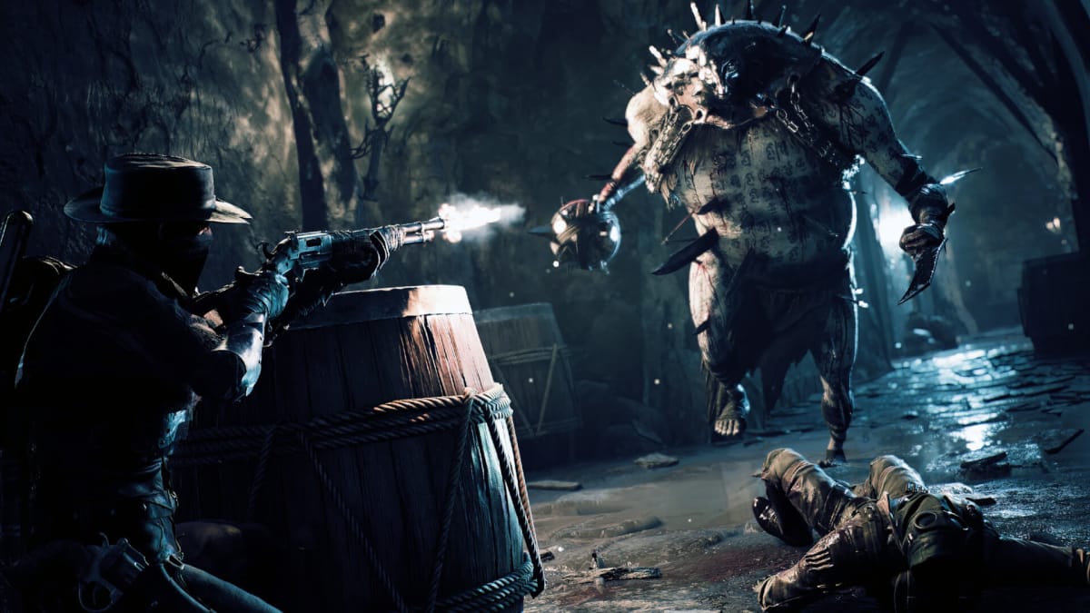 The player shooting at a massive hulking monstrosity in Remnant 2, a game published by Embracer Group studio Gearbox