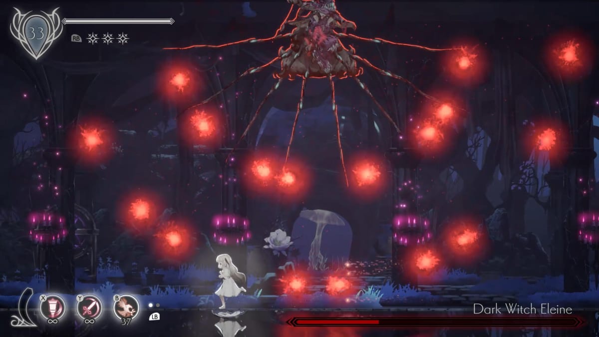 Lily facing off against Dark Witch Eleine, a boss in Ender Lilies