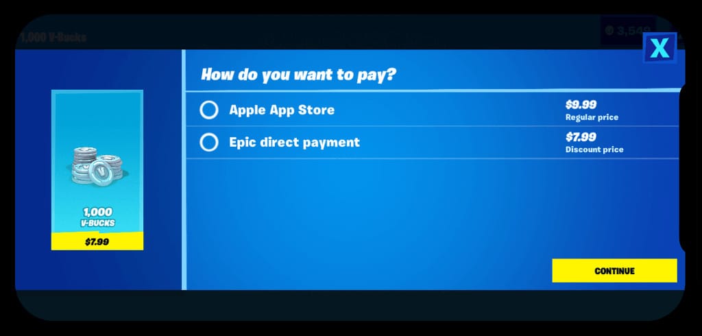 Epic's new payment system for Fortnite on mobile
