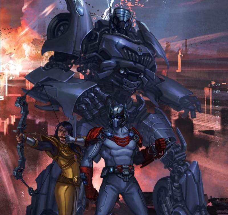 Artwork from the Essence20 Field Guide to Action & Adventure, featuring an archer in ranger armor, a Joe with Cybertronian parts, and a cybertronian in sleek armored plate