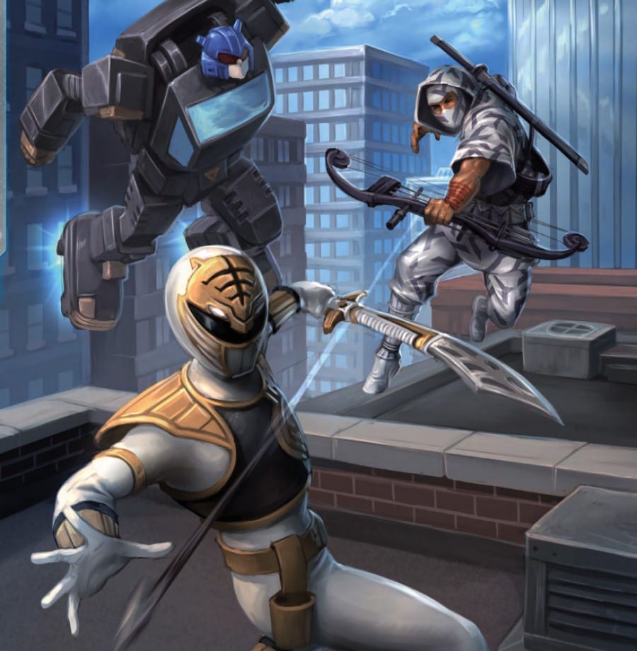 Artwork from the Essence20 Field Guide to Action & Adventure featuring a ninja with a bow firing at a White Ranger with a Cybertronian in the background