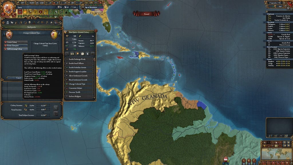 A view of New Granada in Europa Universalis IV's Leviathan DLC