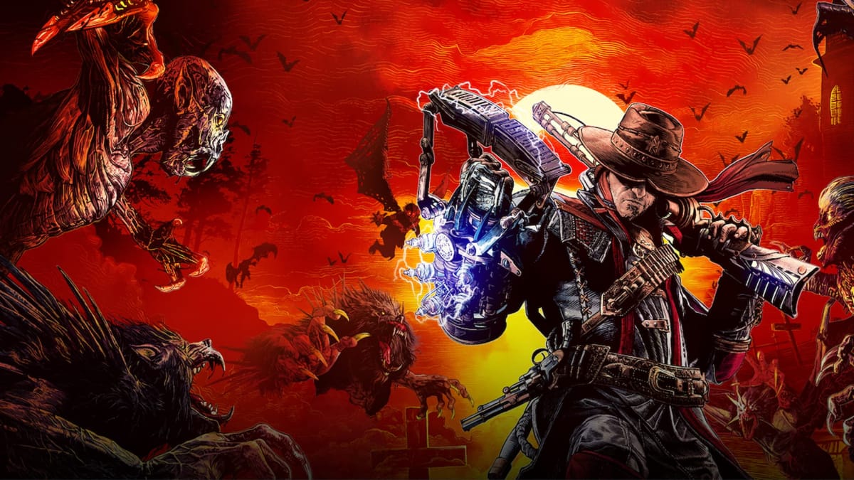 Evil West gameplay header screenshot of main character holding a large gun and lantern surrounded by monsters, Evil West Release Date 