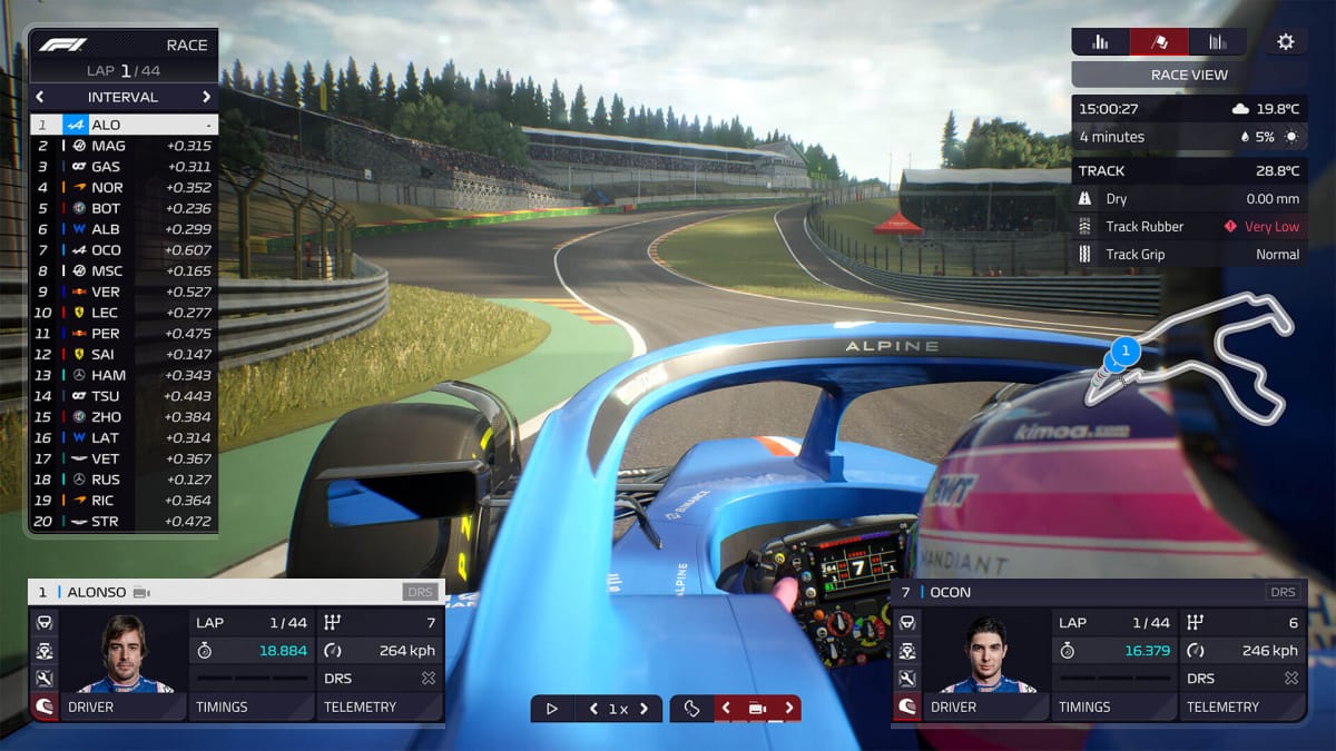 F1 Manager 2022 update screenshot shows off a race car racing down a track from a first person angle.