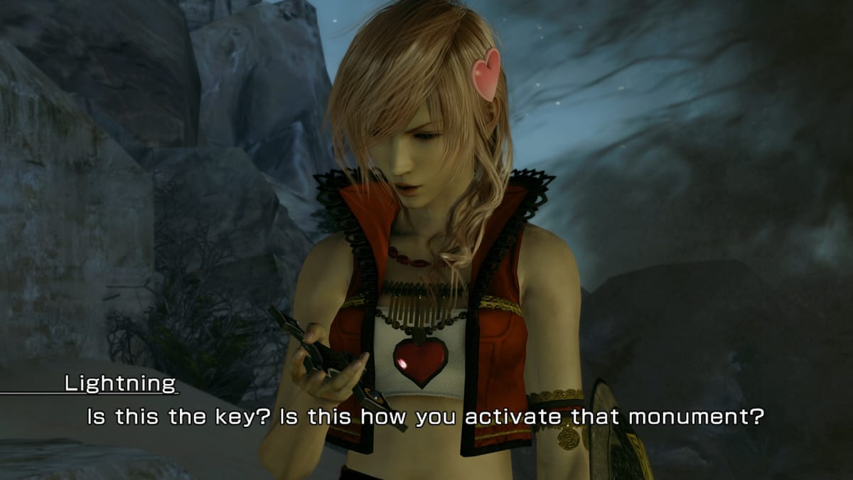 Close-up of Lightning from the Final Fantasy 13 series during a dialogue scene