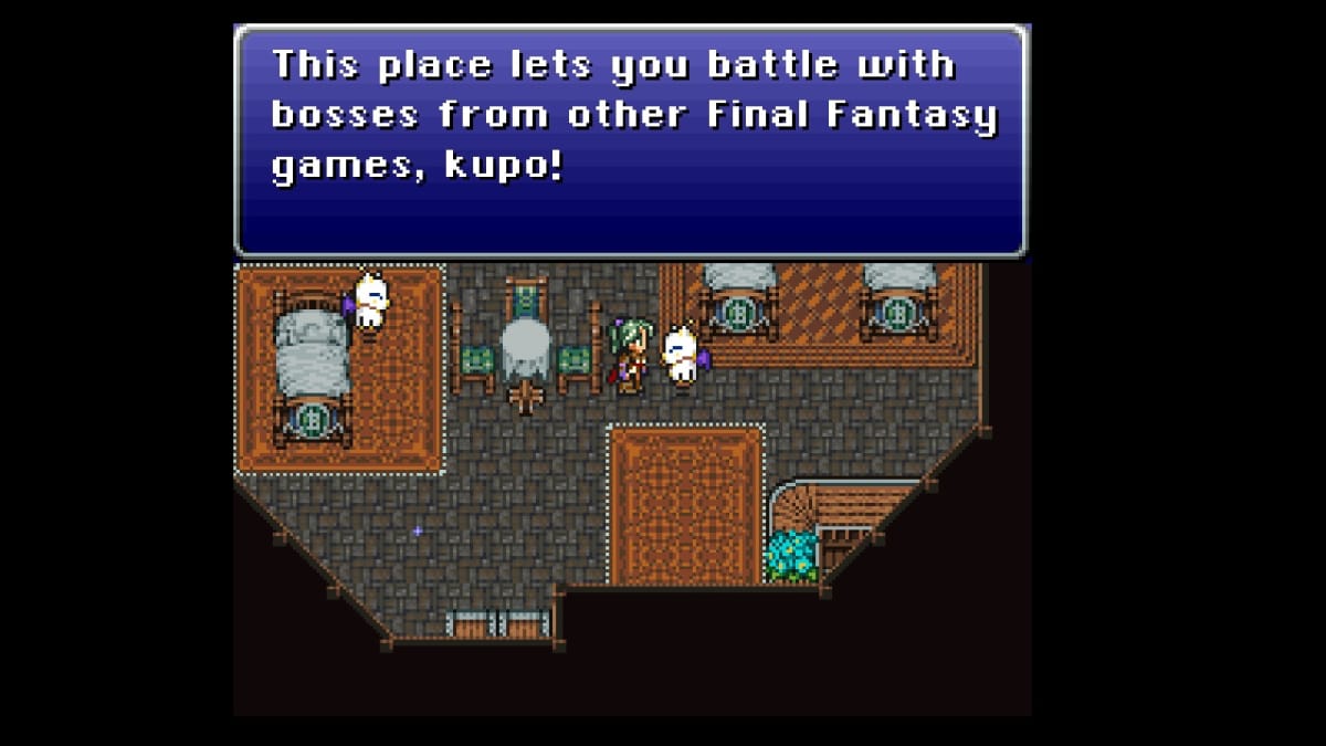 A moogle explains a post-game feature in Final Fantasy VI T-Edition.