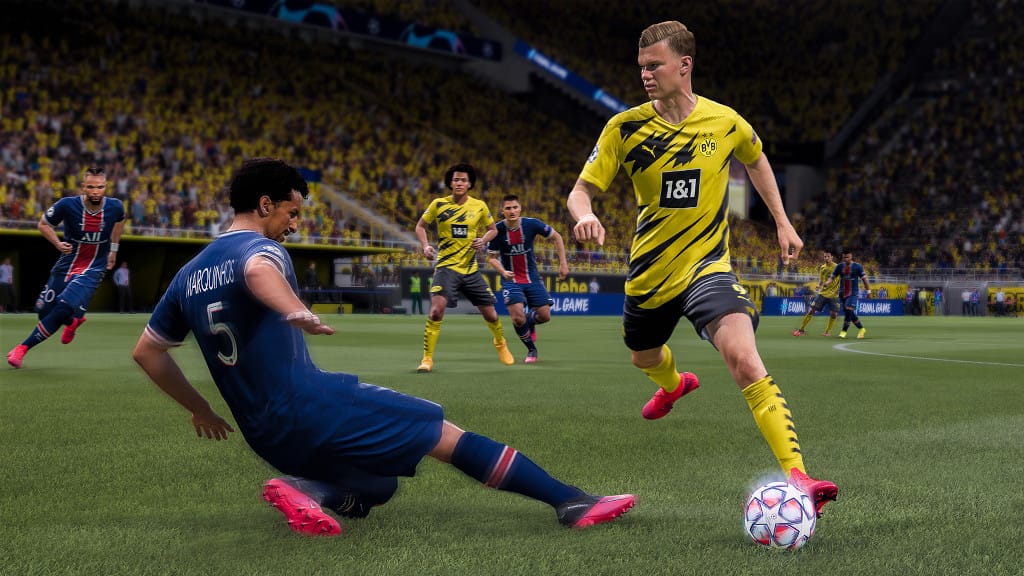 Marquinhos tackling a player in FIFA 21, which has been criticized for its extensive use of loot boxes