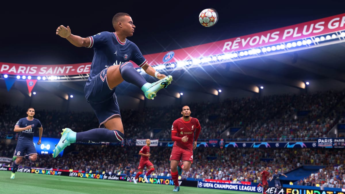 A player leaping for the ball in FIFA 22, part of the Xbox Game Pass June 2022 haul