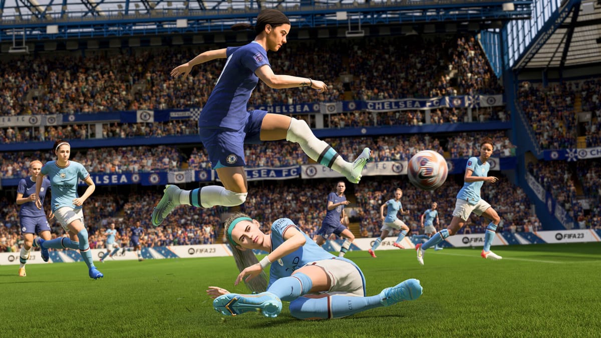 A female soccer player leaping over another in FIFA 23