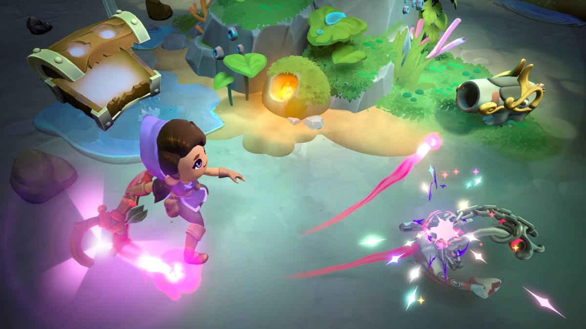 The main character fighting an enemy in Fae Farm