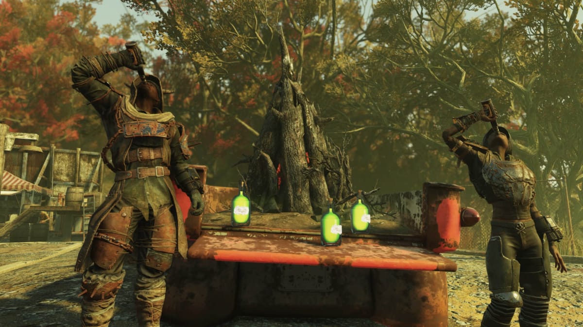 Two characters drinking in Fallout 76, which is part of the Fallout 25th anniversary celebrations