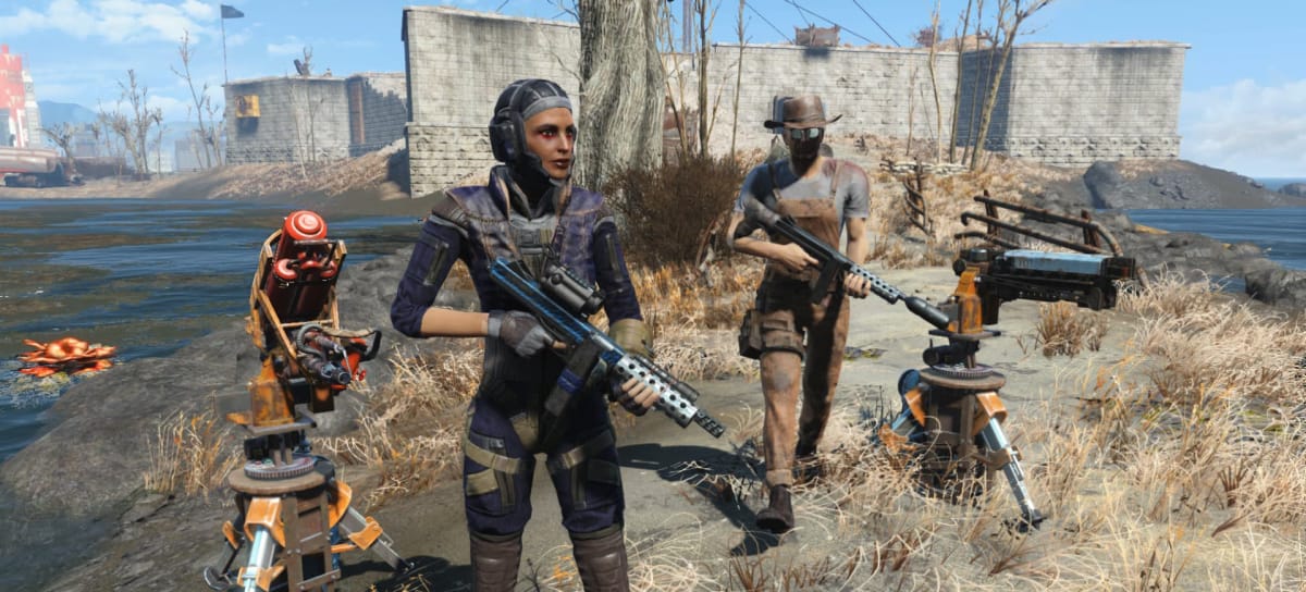 Fallout 4 screenshot of players standing amongst the rubble with a turret nearby, Fallout 4 PS5