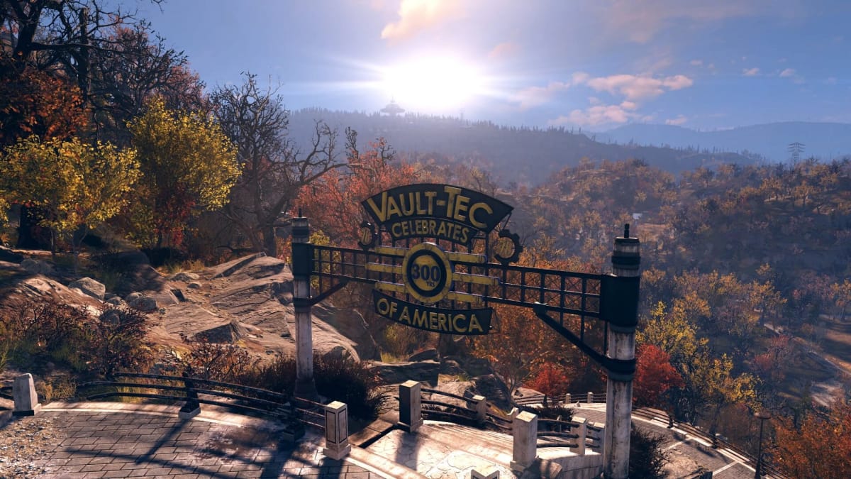 A Vault-Tec anniversary sign in Fallout 76