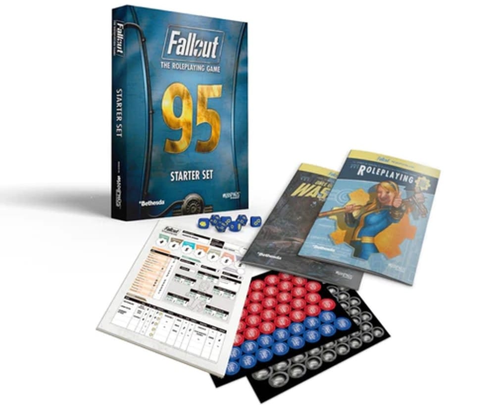 A promotional display of the Fallout TTRPG starter sets on a white background