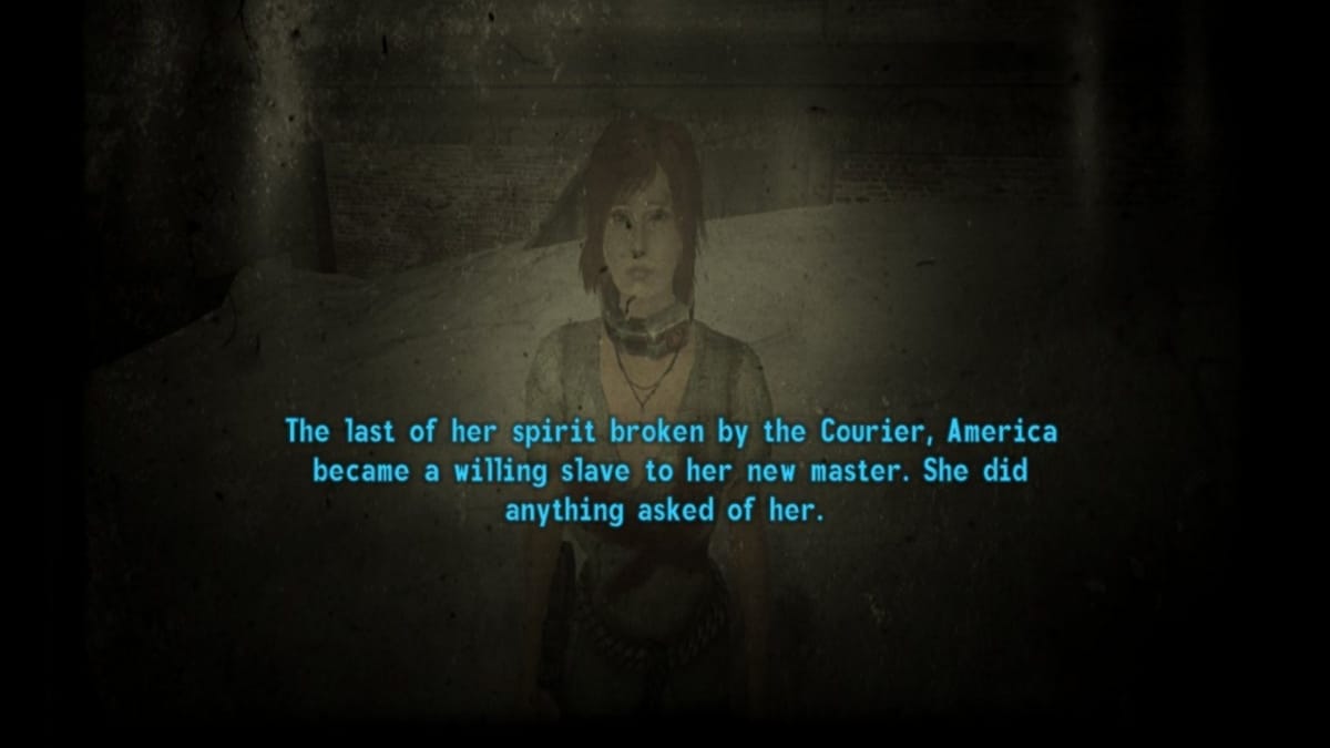 An ending slide in Fallout: The Frontier depicting America as a "willing slave"